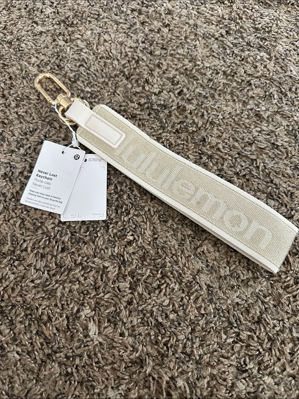 lululemon athletica Cream Branded Wristlet Keychain with Gold Hardware